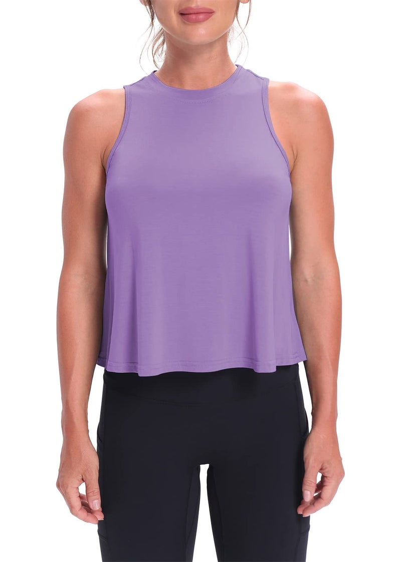 Mippo Cropped Workout Tops for Women Workout Shirts Sleeveless Tank Flowy Loose Crop High Neck Tank Tops Purple M - Image 2